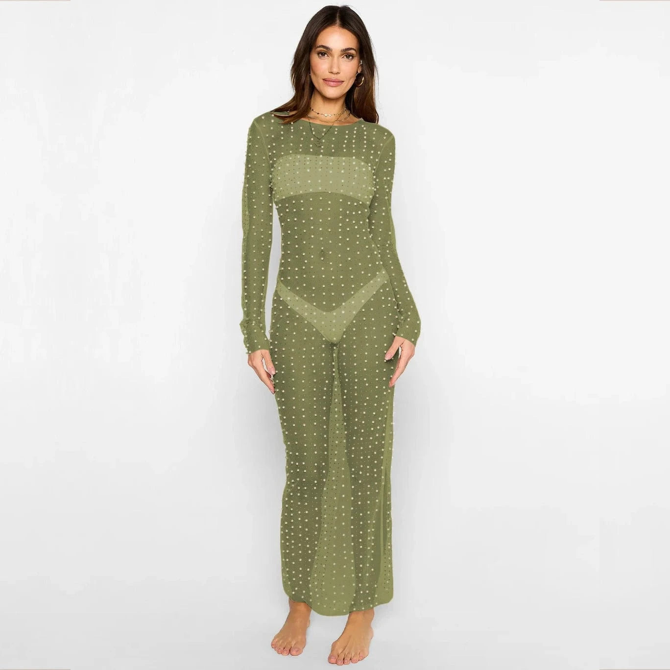 L / green W-S1171A Rhinestone Mesh See Through Dress Lady Long Sleeve Transparent Bikini Cover Up Clubwear Fashion Sexy Sheer Dress