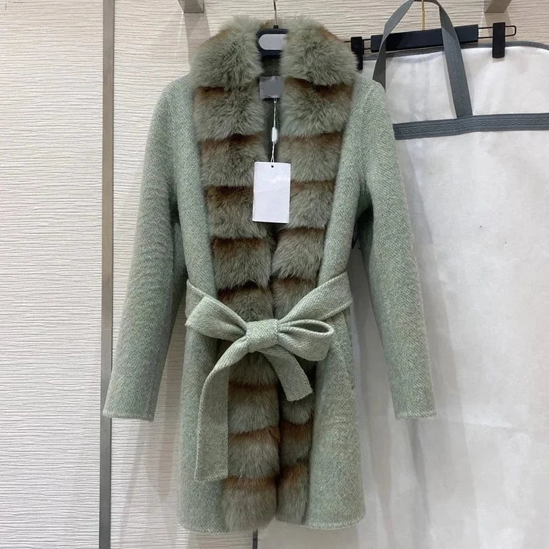 L / green Wholesale Custom Winter Warm Women Long Genuine Wool Cashmere Coat with Fox Fur Collar