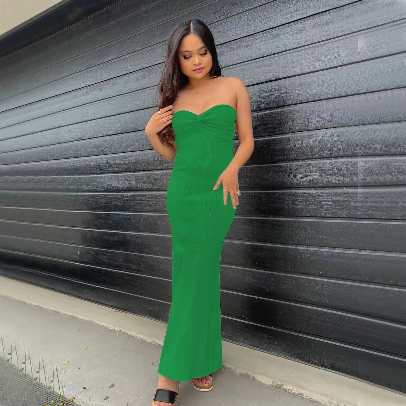 L / green Wholesale Knit Solid Strapless Bodycon Dress Sexy Streetwear Night club Party Asymmetric Strapless Ruched Ruffle Tube Dress