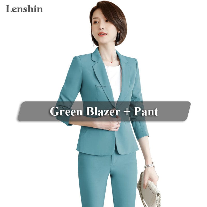L / green Wholesales 2 Pieces set Fashion Casual Pant Suit Office Lady Ankle-length Uniform for Women Business Work Wear with trousers