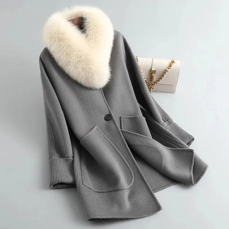 L / GREY PUDI Women Real Wool Fur Parka Trench Winter Female Warm Fox Collar Coat Jacket CT141
