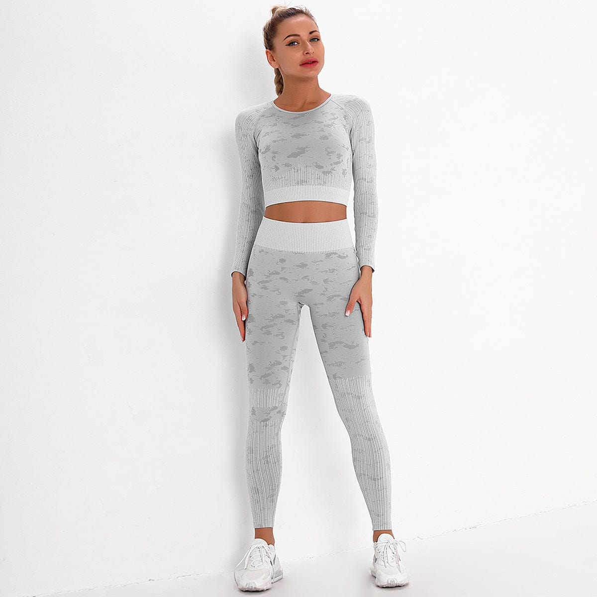 L / grey Wholesale Fitness Apparel Sports Long Sleeve Women Printed Sets High Waist Leggings Yoga Sets Seamless Camouflage Set