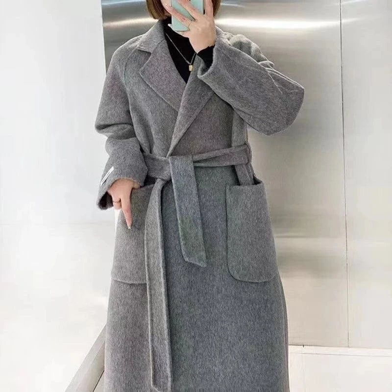 L / Grey Winter Oversized Long Wool Coat Women Pink Double Faced Cashmere Coat with Belt