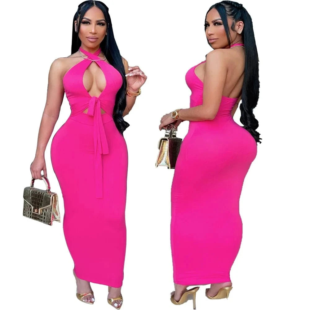 L / hot pink Bodycon Sleeveless Beach Maxi Dress Women Wholesale Sexy Summer Women Tank Halter Dress Cut Out Long Solid Wrap Dress