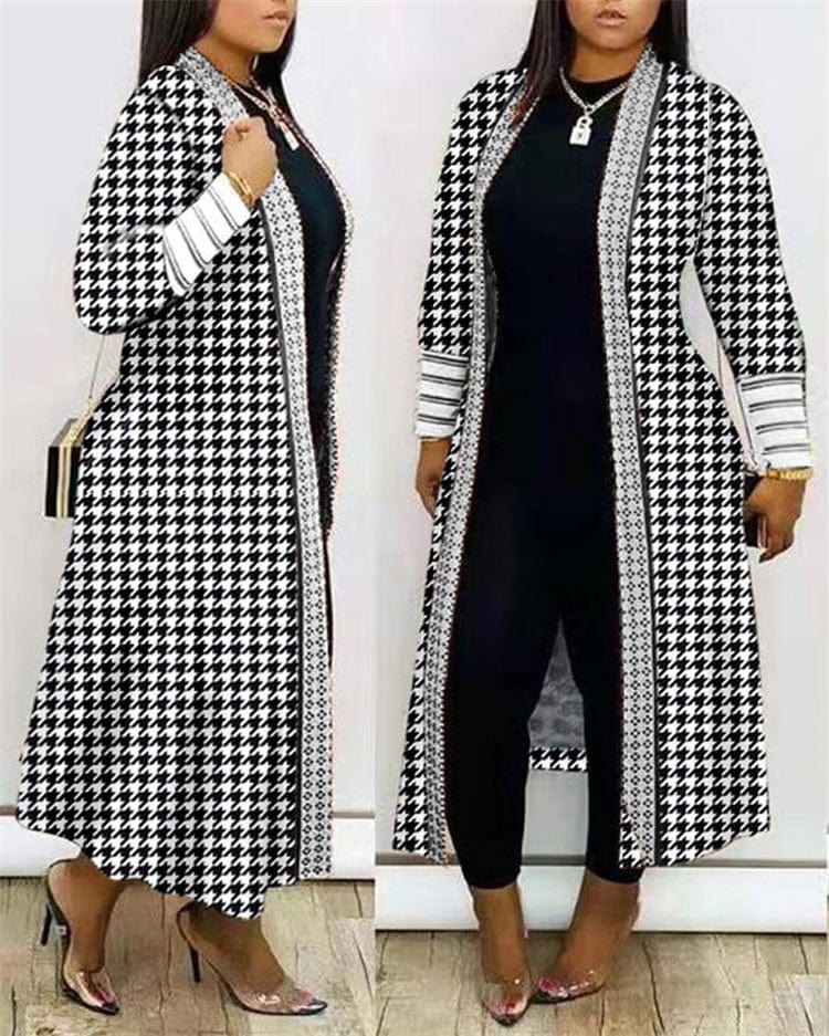 L / Houndstooth New Fashion Cardigan Windbreaker Loose Long Sleeve Vertical Casual 3XL Cloak Plaid Retro Sexy Coat