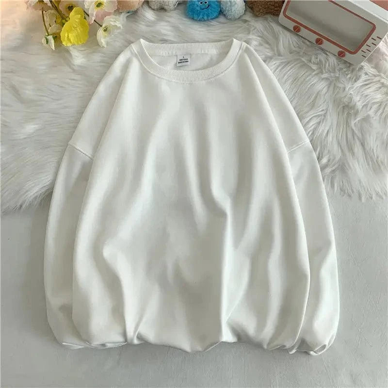 L / Just White 340GSM Earth Tone Crewneck Sweatshirt Long Sleeve Pure Color Pullover Cotton Soft Terry Brown Men Shirt