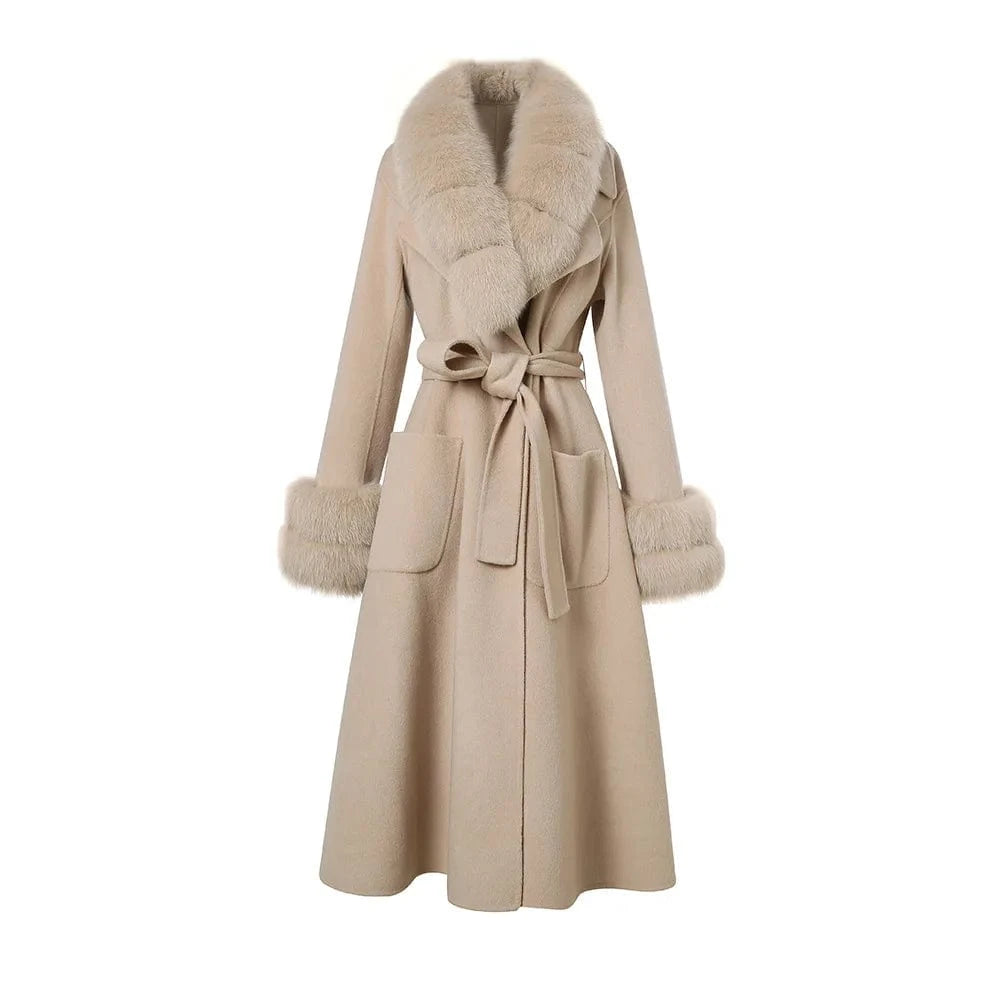 L / Khaki 2023 Fashionable Winter Wool Coats With Fox Fur Collar Long Loose Women Wool Coats