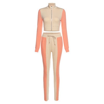 L / Khaki 2023 New Arrivals Spring Women Clothes Patchwork Women Two piece Sets Stand Collar Casual 2 Piece Outfits For Women