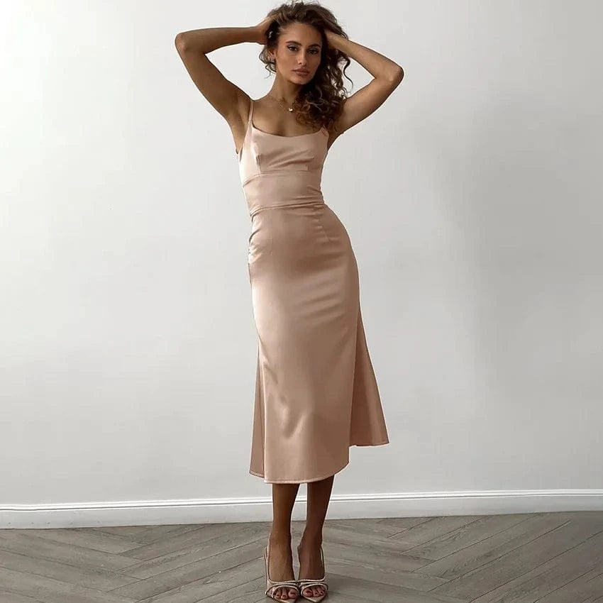 L / Khaki Amz Popular Fishtail Satin Dress Black Sleeveless Elegant Long Formal Dress For Party