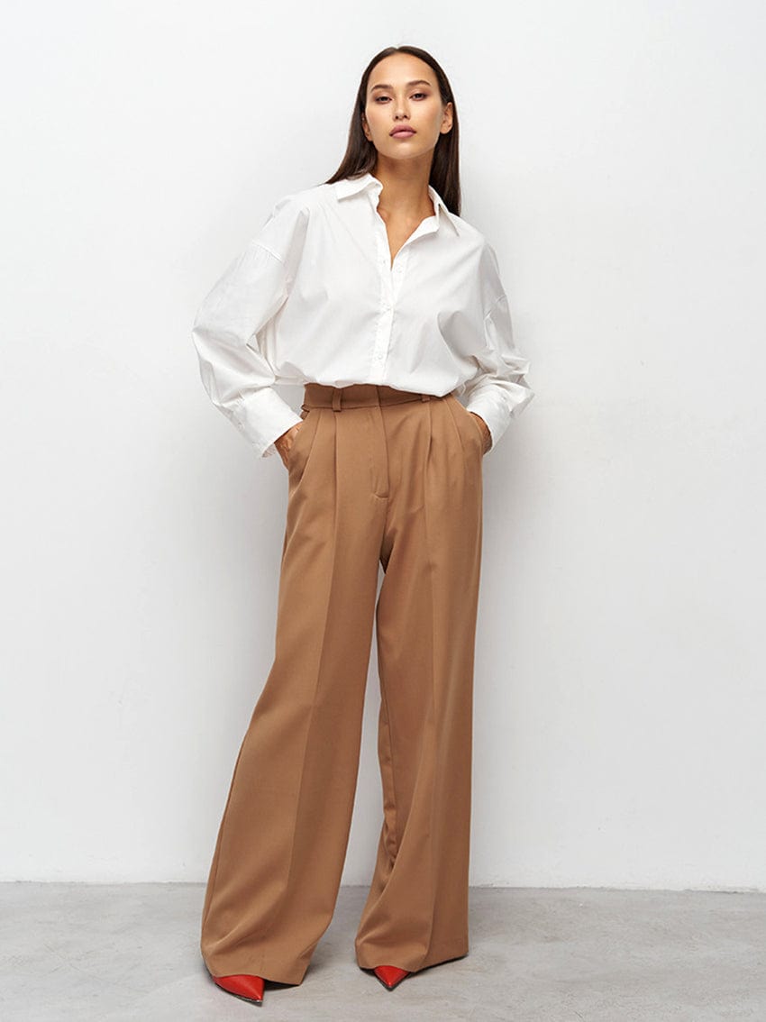 L / Khaki Bclout/QINSI Classy Ladies Business Black Pants 2023 Women Casual High Waist Floor-Length Pants Khaki Pleated Office Trousers