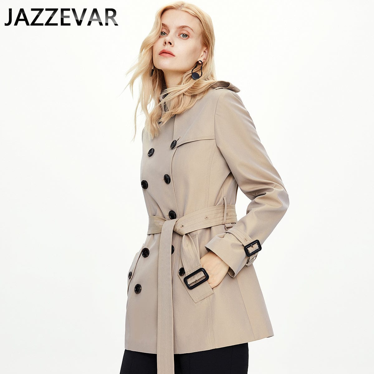 L / khaki Black short professional casual autumn and winter women's coat trench coat British double breasted 82012