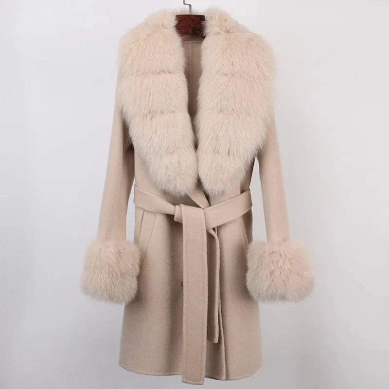 L / Khaki Cashmere Coat Women's Mid-Length 2023 Autumn And Winter New Fox Fur Collar Slim-Fit Woolen Coat
