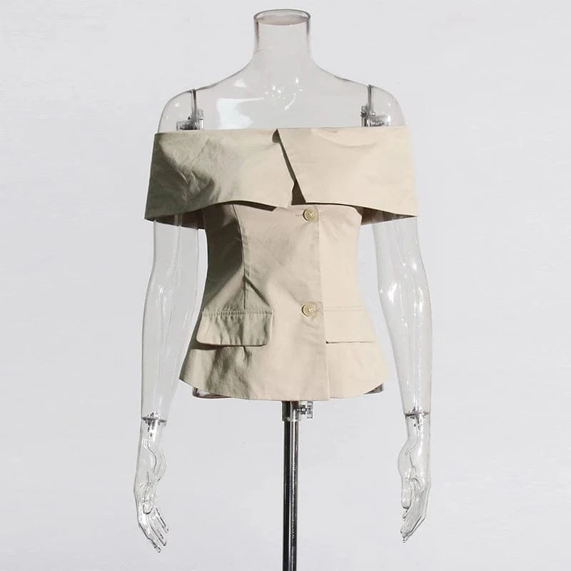 L / khaki CHICEVER Fashionable Solid Color Slash Neck Short Sleeve Cropped Jackets For Women 2023