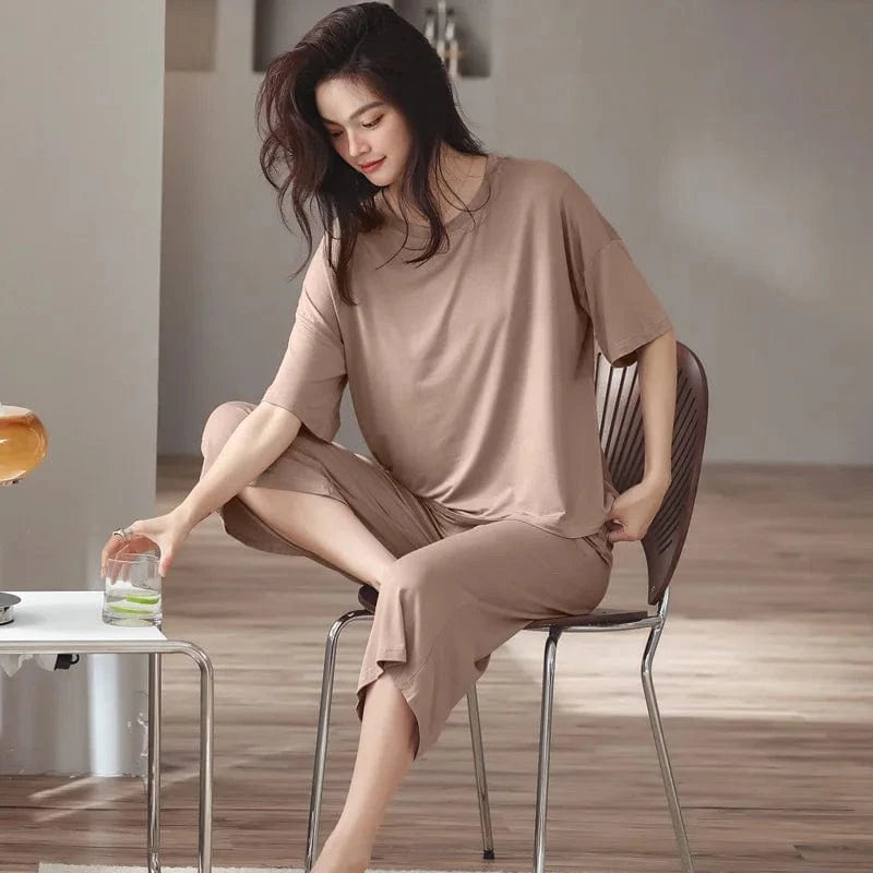 L / Khaki Cozy modal spandex crew neck short sleeve t shirt with short two piece sets lounge wear live room wearing sleeve wear