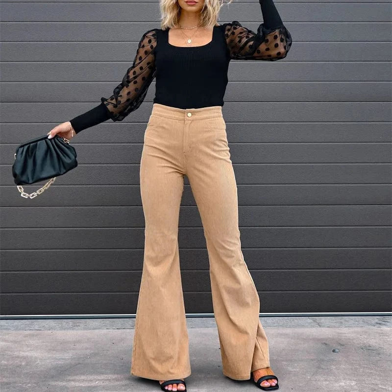 L / Khaki European and American women's 2023 Autumn and Winter pure color Mid-waist Slim-fit micro flared pants corduroy casual pants