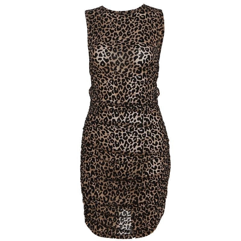 L / Khaki Free shipping Fashion Female Leopard Mini Dress Printed Hollow Out Casual Streetwear Clubwear Evening Dress