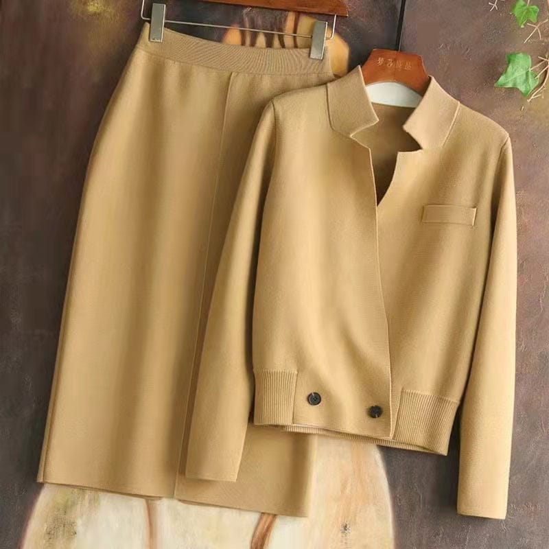 L / Khaki High Quality Sweater Sets 2023 Spring Autumn Casual 2 Piece Set Women Knitted Cardigans+Mid-Calf Knitting Skirt Sets Khaki Black
