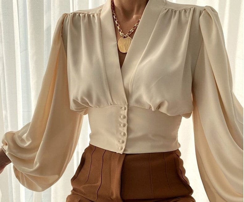 L / Khaki J&H 2023 hot sale S-5XL sexy v neck corset top women elegance puff sleeve fashion blouse shirts casual fall clothes whoelseale