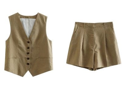 L / Khaki New Women'S V-Neck Single-Breasted Sleeveless Vest Top Pleated Casual Shorts Set