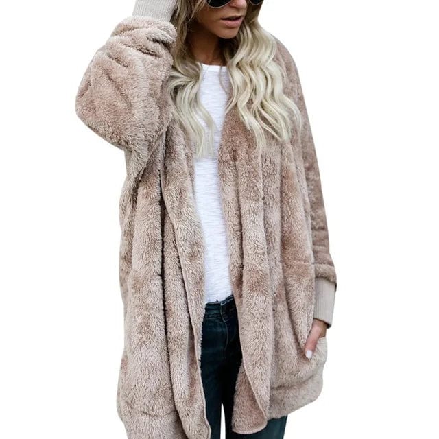 L / khaki New Year Spring Faux Fur Teddy Bear Coat Jacket Women Fashion Open Stitch Hooded Coat Female Long Sleeve Fuzzy Jacket