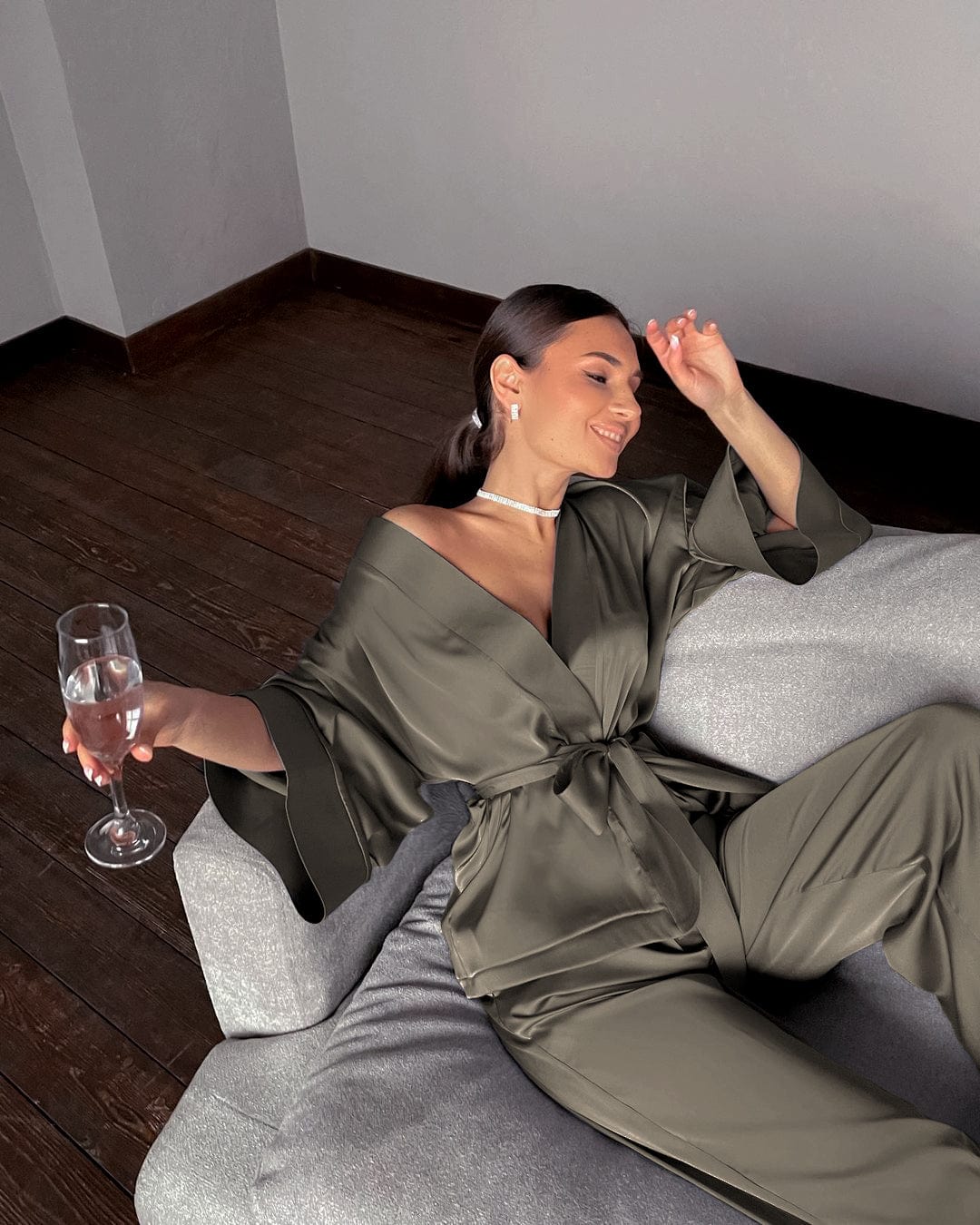 L / Khaki OOTN Wrist Sleep Tops Satin Pants Loose Pajamas Casual Sleepwear Female Home Suits Solid Women Robes With Sashes 2 Piece Set