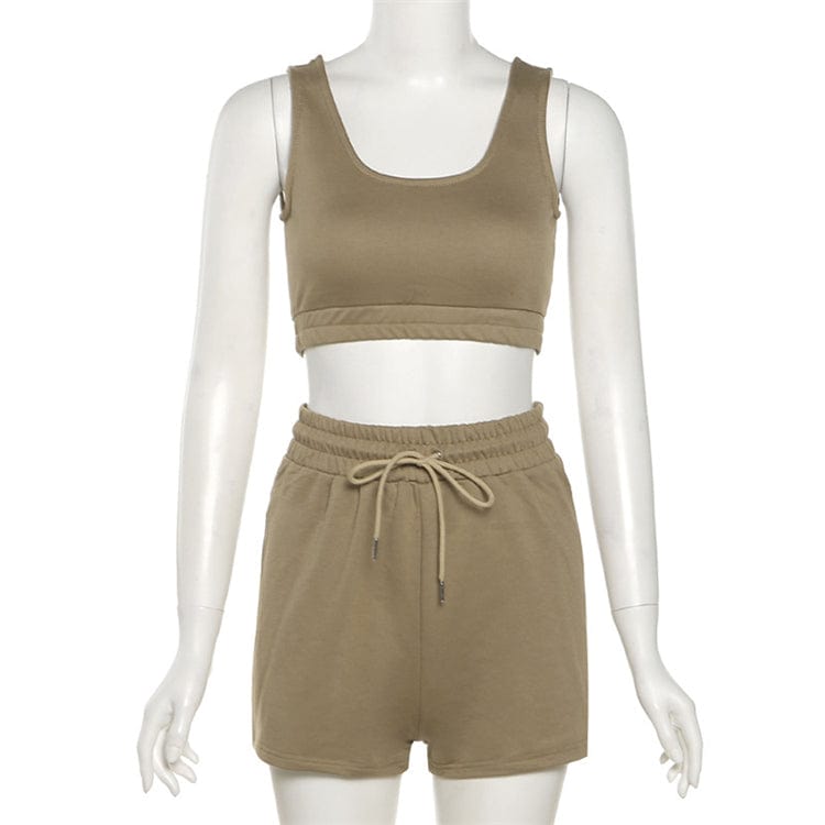 L / Khaki OSINA Lowest Price Solid Color Custom Logo Crop Top Two Piece Set Women Clothing Shorts Womens Sweat Absorbing Sports Suit