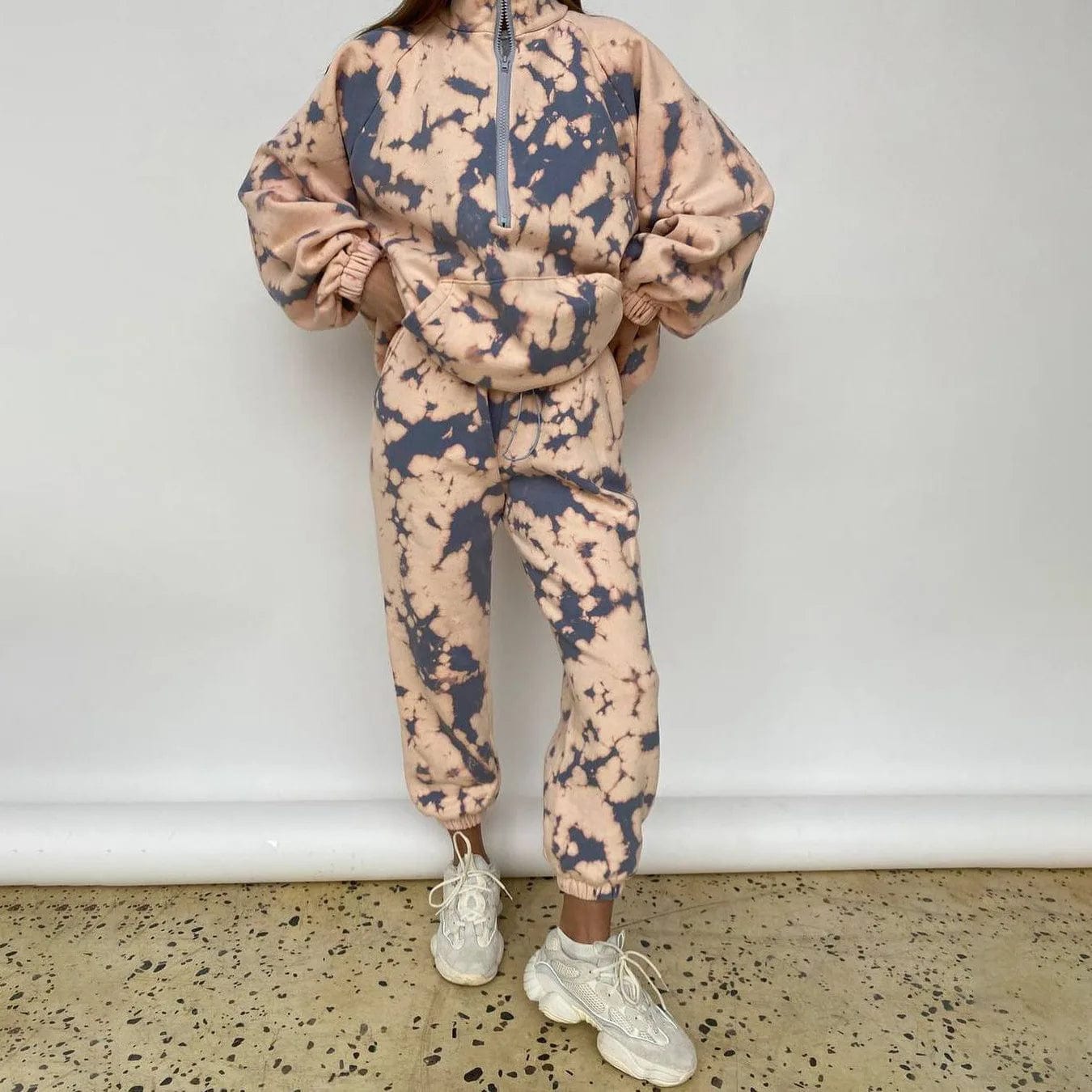 L / Khaki OUDINA New Fashion Printed Sweatshirt Suit Winter Two Piece Sweatpants Set Half-zip Loose Long Women's Sets