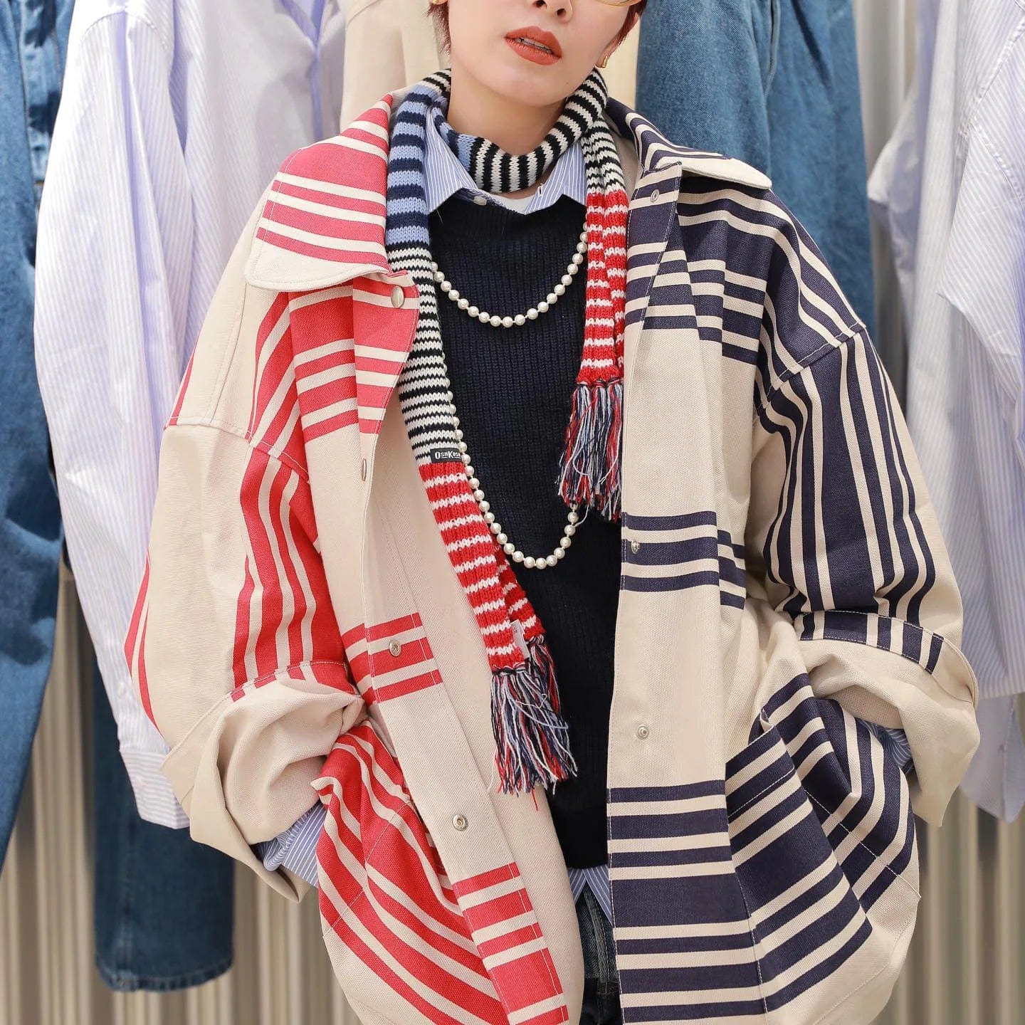 L / Khaki OUDINA Wholesale Contrast Color Outerwear Woman Striped Cardigan Jacket Loose Long Sleeve Women's Winter Jackets