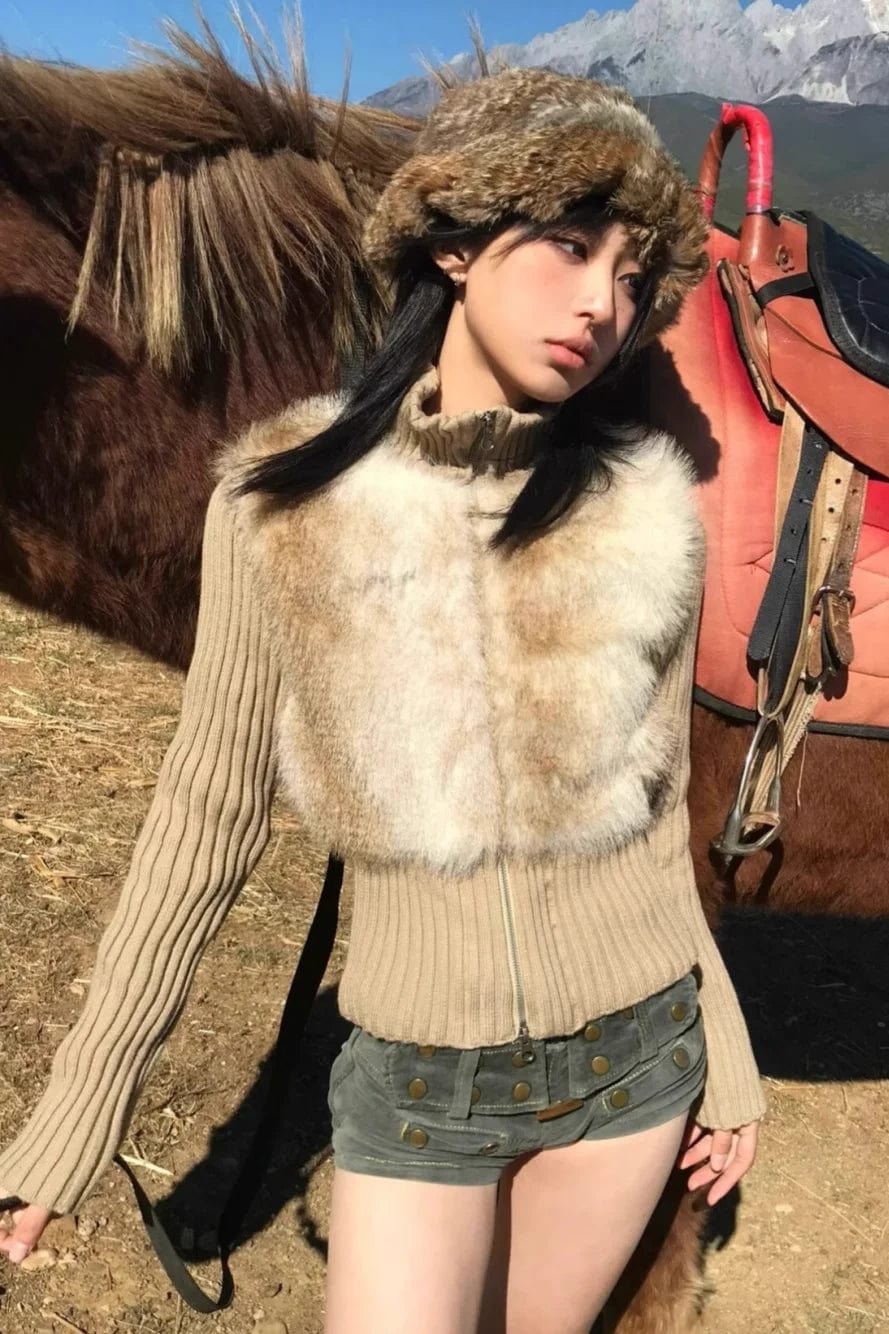 L / Khaki OUDINA Wholesale Hot Girl Winter Stand Collar Zipper Sweaters Fur Top Ladies Cardigan Sweater