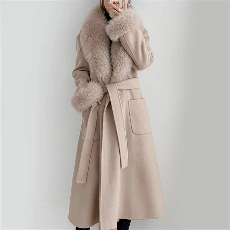 L / Khaki Pudi women real fox fur coat jacket female lady wool blends coats jackets long trench with fox collar cuff CT032