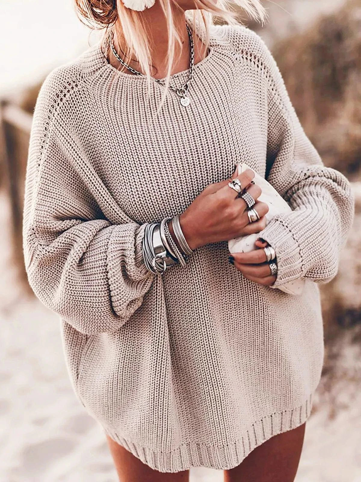 L / Khaki S-XL women's oversized sweater Bat sleeved round neck pullover top Coarse knitted pullover sweater