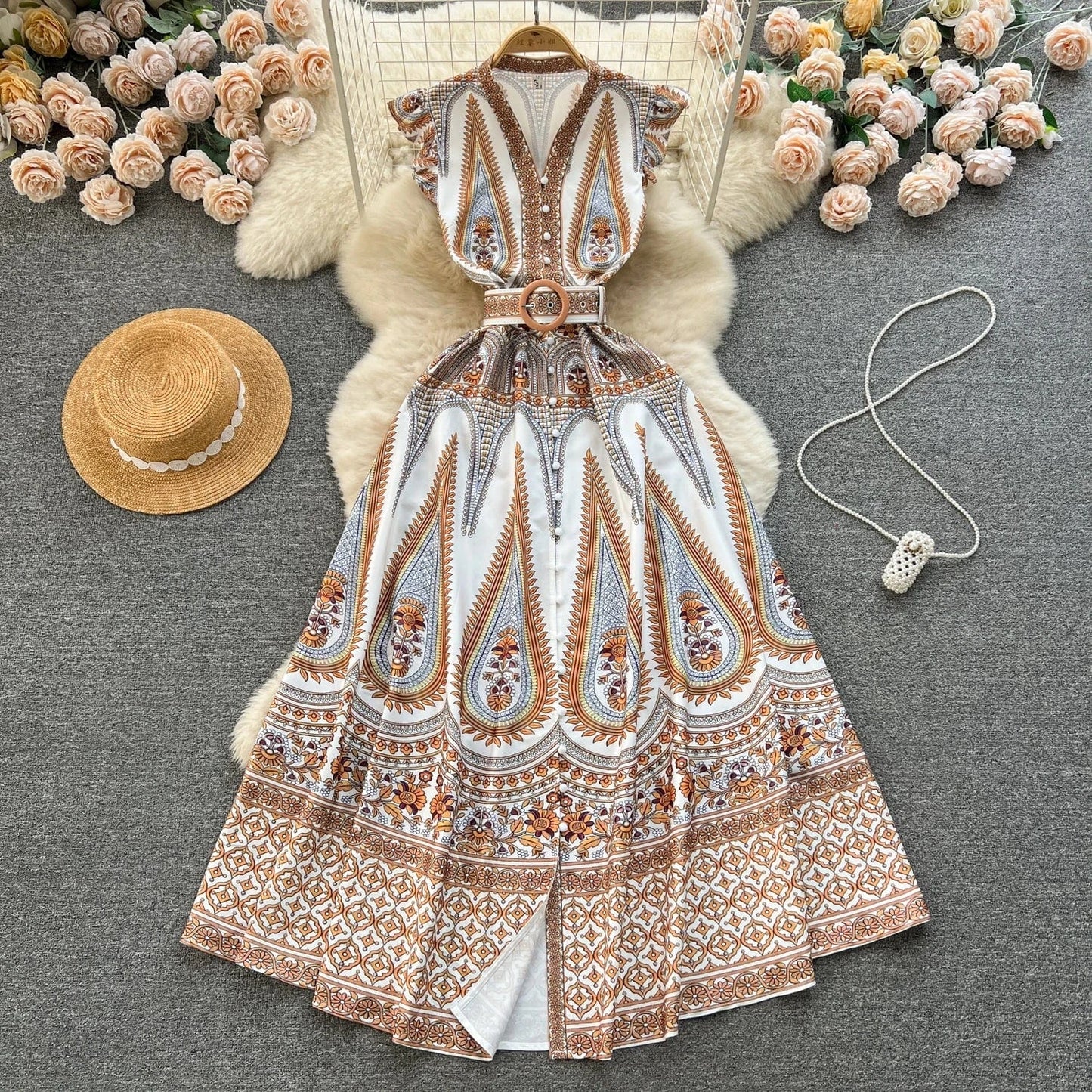 L / Khaki Style Dress Spring Women Design Sense Of Printed Temperament V-Neck Breasted Slim-Fit Long Holiday Dress