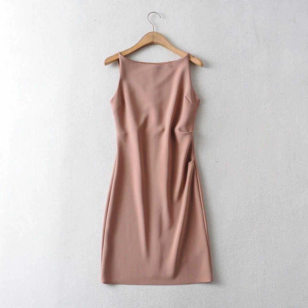 L / Khaki Summer One shoulder Vest Elegant Summer New Style Pleated A-line Ruched Midi Dress
