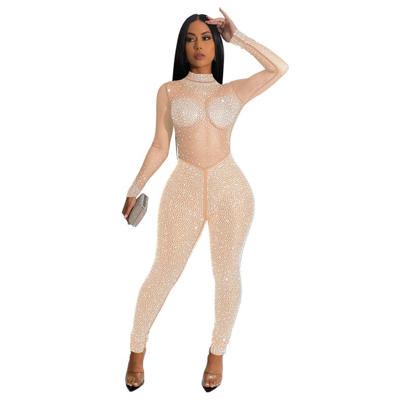 L / Khaki women night club red white ball gwn sexy nude sparkly rhinestone crystal long sleeve mesh see through one piece jumpsuit unicit