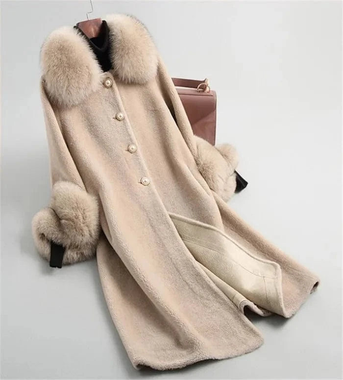 L / KHAKI Women Real wool sheep shearling fur coat women fox collar winter warm genuine fur coat winter warm coat A19003