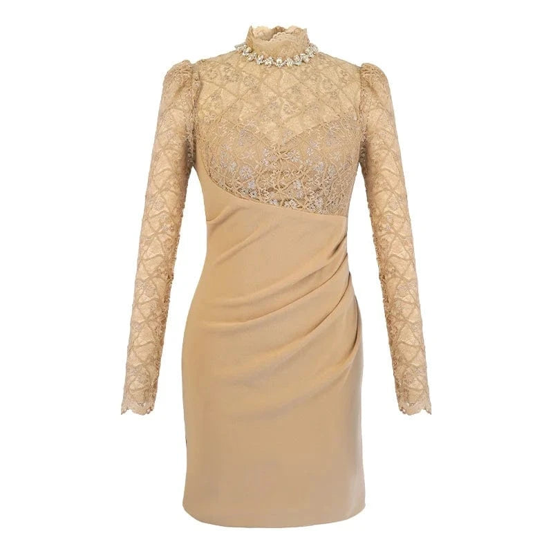 L / Khaki ZYHT 21030 Spring Women Stand Collar Rhinestone Lace Patchwork Mini Dress Embroidery Ruched Short Dress Vestidos