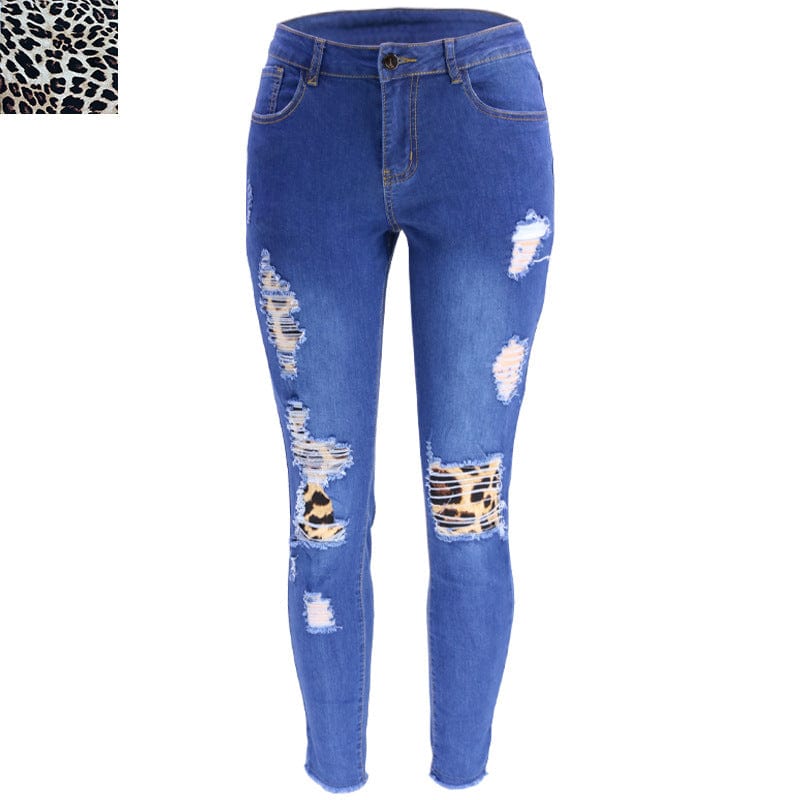 L / Leopard -Dark Blue 9136 New fashion spring fall 2023 women clothes casual floral patches ladies denim trousers ripped jeans legging women's jeans