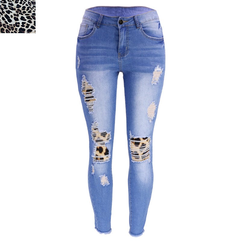 L / Leopard -Light Blue 9136 New fashion spring fall 2023 women clothes casual floral patches ladies denim trousers ripped jeans legging women's jeans