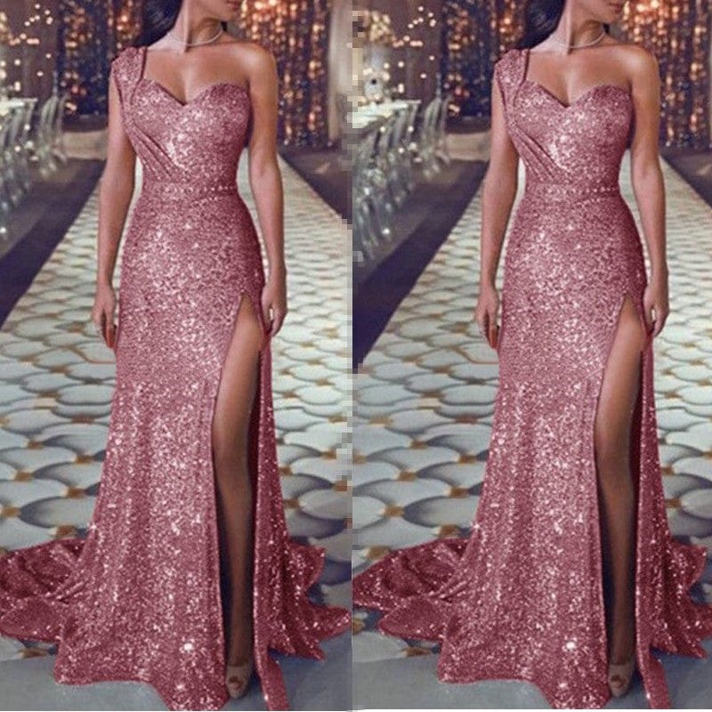 L / LF1904 rose gold One Shoulder Sleeveless Split Maxi Bridal Gowns Wedding Vestido Dress De Gala Vintage Dress Habit Pour Femme Evening Dresses