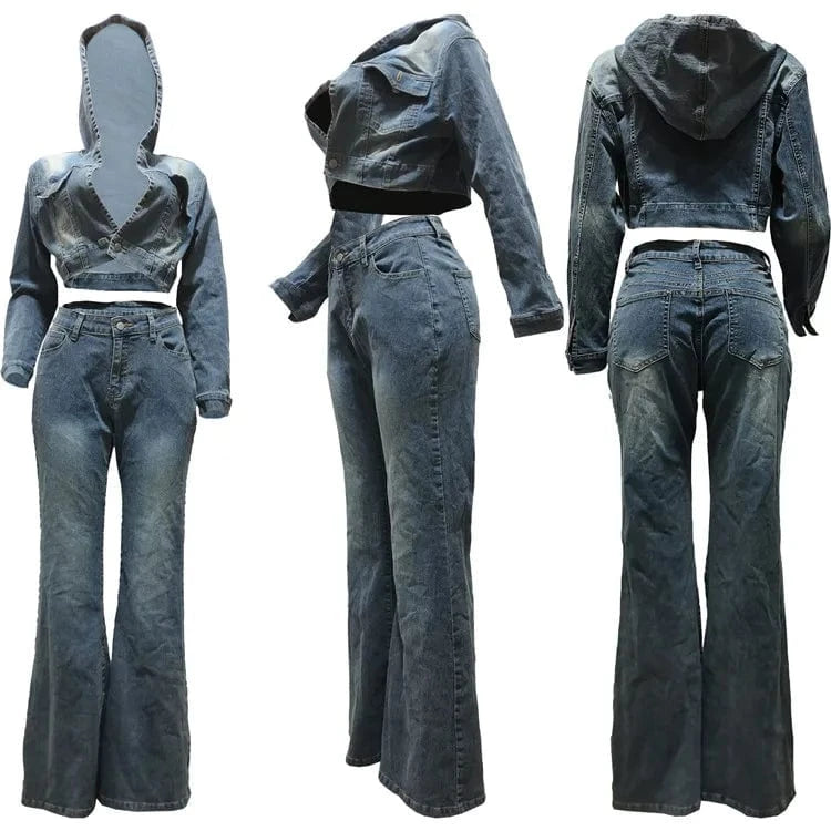 L / Light Blue Fashion Denim Pants Outfit Sexy Women Two Pieces Elegant Jeans Casual Matching Set Hooded Top+Flare Trousers