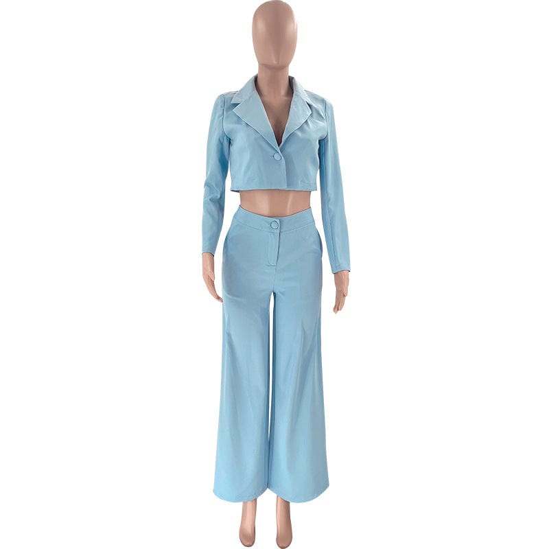 L / Light Blue PDEP 2023 autumn  new  solid color short crop top and fashion high waist wide-leg pants blazer two piece  suits sets for women