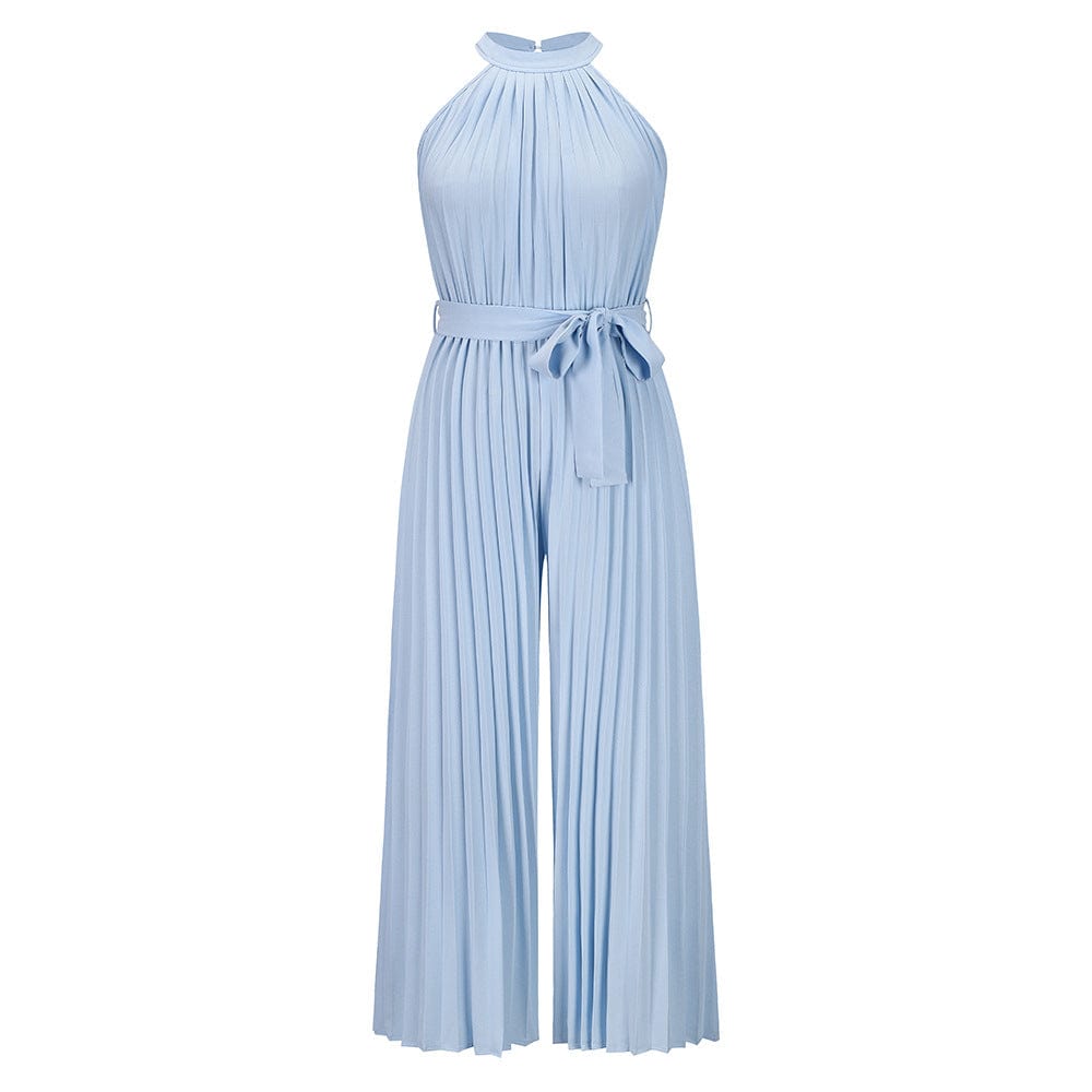 L / Light Blue Sexy Elegant Feather Stitching Jumpsuit Women Summer  New Sexy Sleeveless Solid Color Pants Off Shoulder Blue Party Jumpsuits