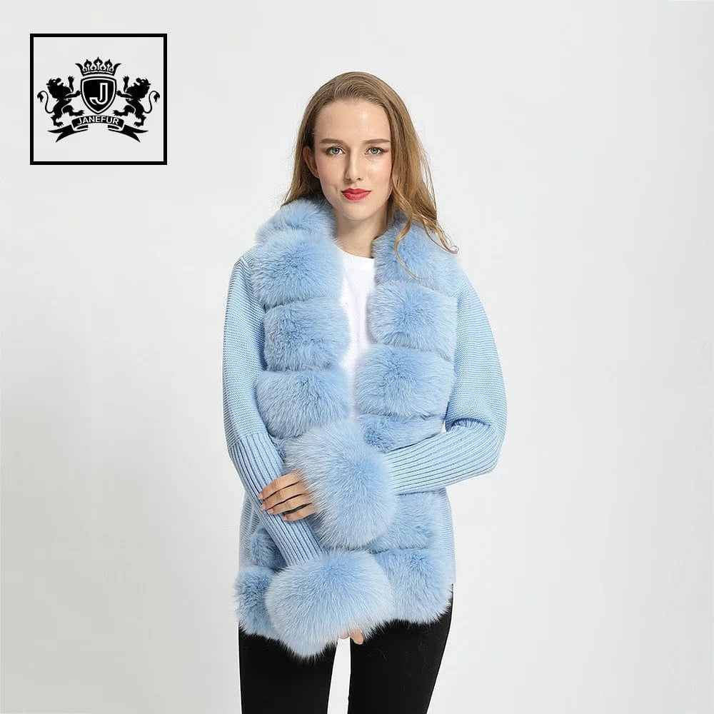 L / Light Blue Wholesale Ladies Autumn Winter Knitted Fox Fur Trim Wool Fur Sweater