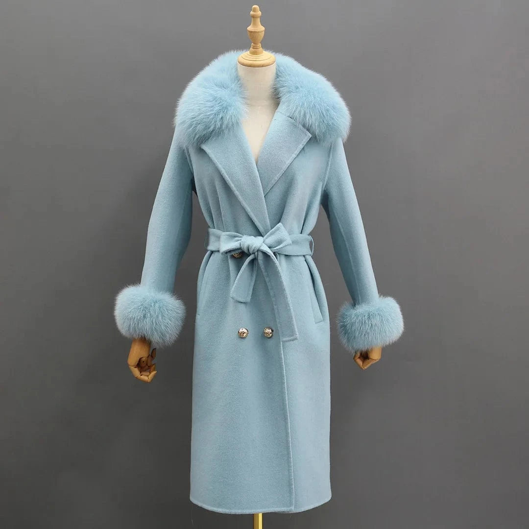 L / Light Blue Winter Trend Real Fox Fur Collar Cashmere Wool Coat with Fur Cuffs