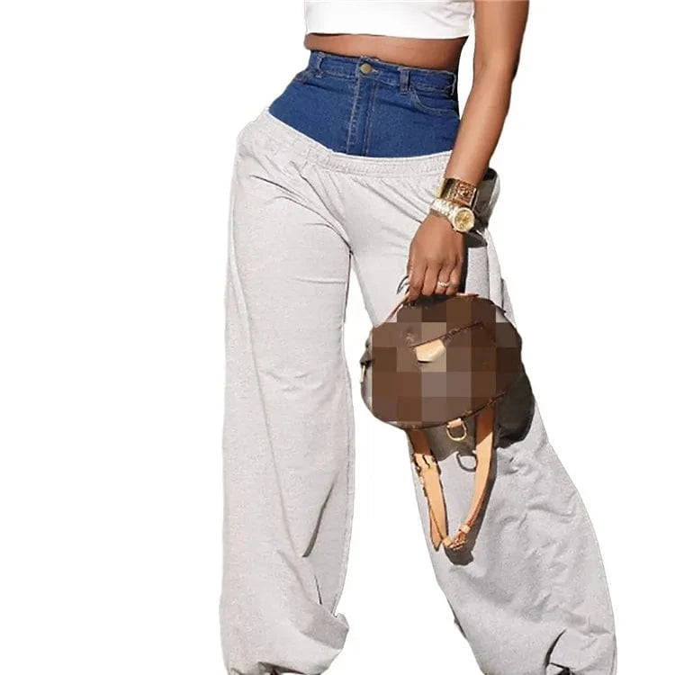 L / Light gray Fashion Women Denim Patchwork High Waist Jogger Pants 2023 Active Zipper Fly Jean Splicing Trousers