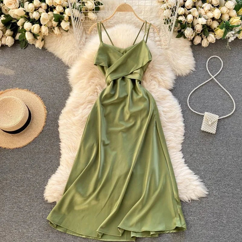 L / light green Vacation Premium Cross v Neck Sexy Strapless Evening Dress Slim Long Dresses