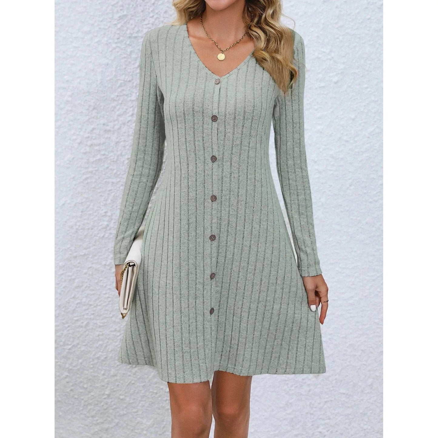L / light green Western style skirt women's Autumn New fashion Button waist Solid color Long sleeve dress