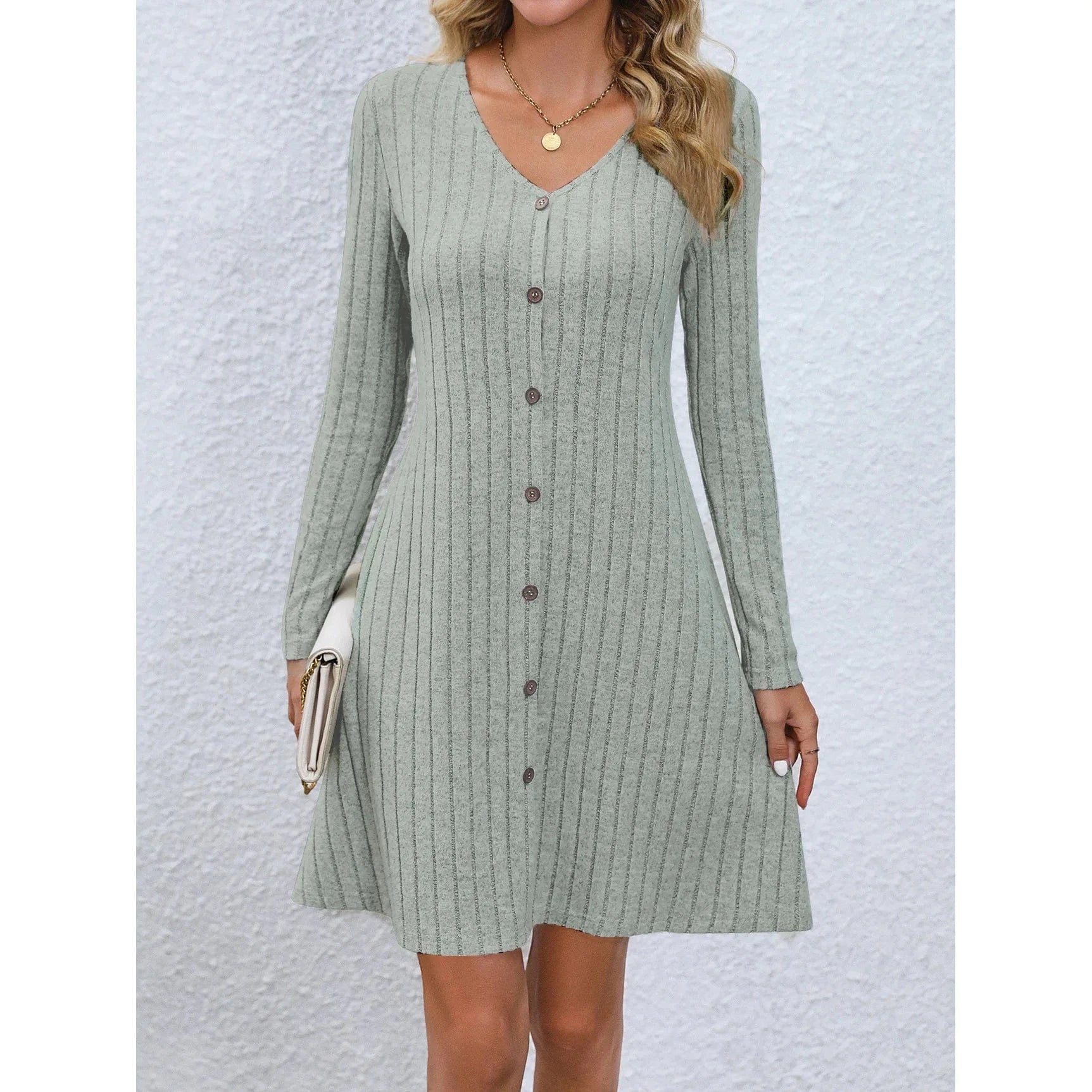 L / light green Western style skirt women's Autumn New fashion Button waist Solid color Long sleeve dress