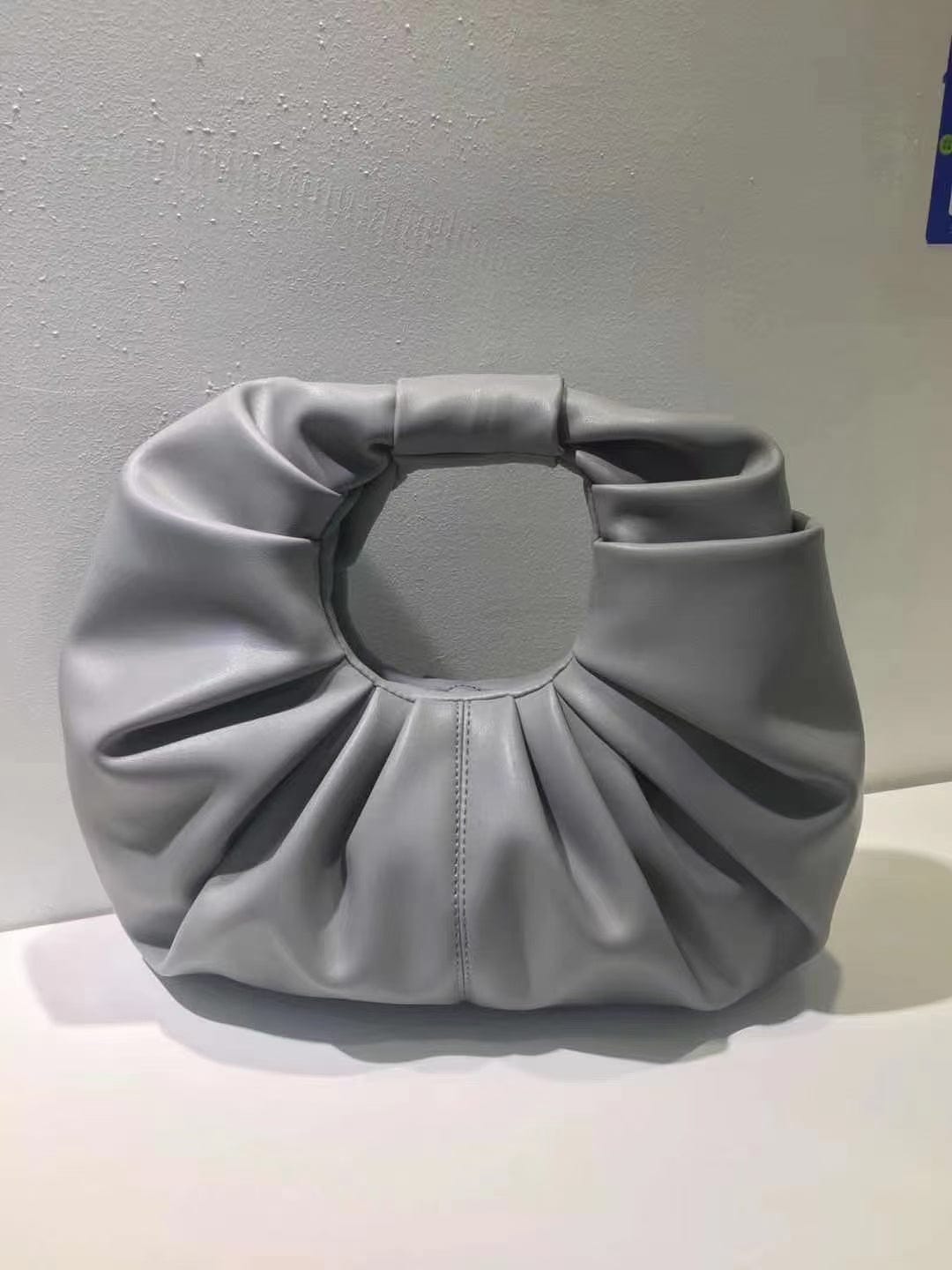 L / Light Grey 2022 Women Faux Leather Ruffle Ruched Handbag Elegant Handbag Half Moon Shaped Spring Purse Bags for women