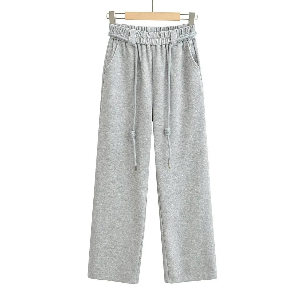 L / Light Grey High Quality Wide Legs Ladies Sweatpants Waist Loop Drawstring Back Pocket Elastic Waistband Female Trousers Joggers Women